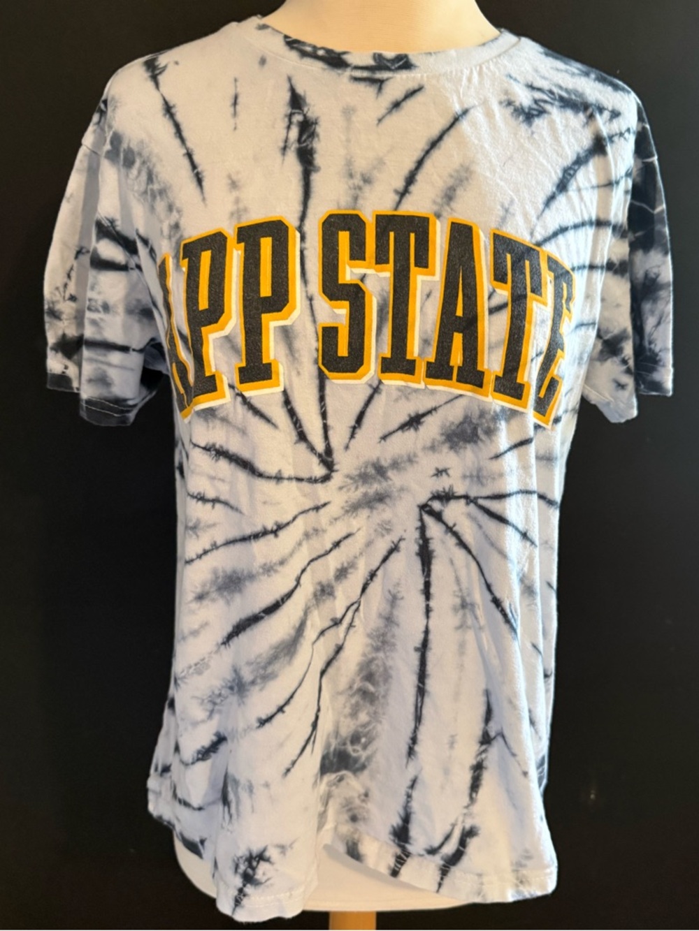 App State Tie-Dye Graphic Tee - White & Navy with Yellow Lettering